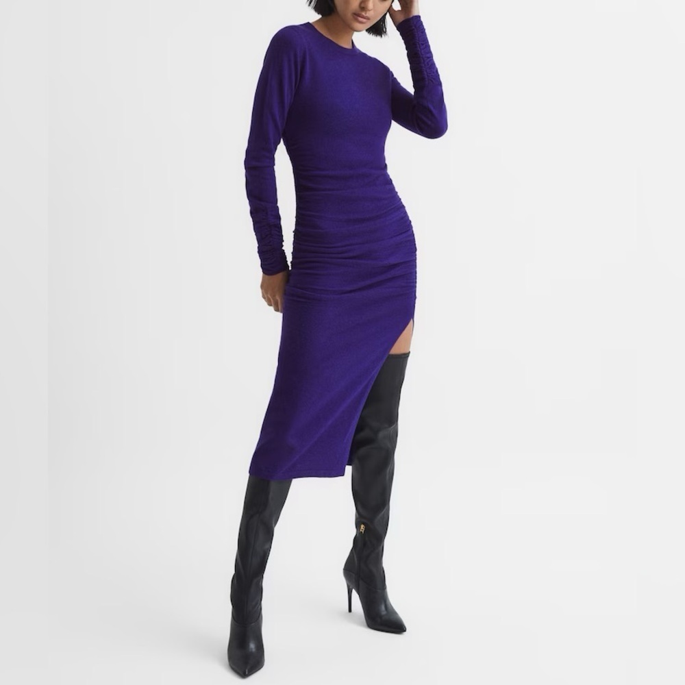 New Reiss Charley Ruched Long Sleeve Sweater Dress Wool Blend Purple Sz XS